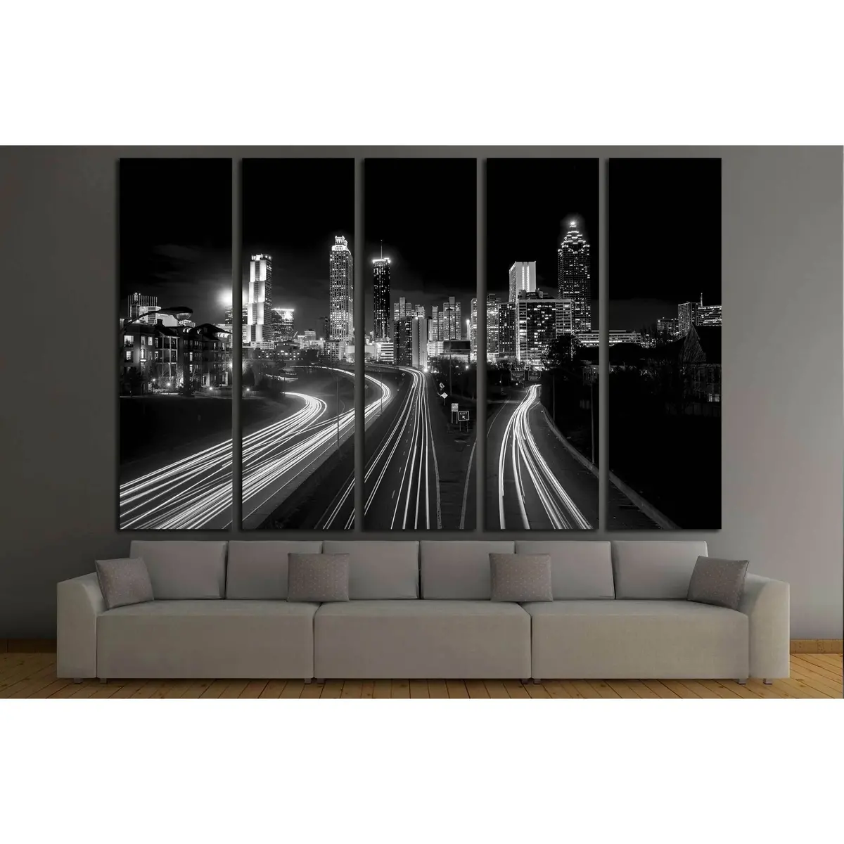 Atlanta Night Skyline Canvas Art – High-Contrast Monochrome Print with Motion Light Trails, Ready to Hang - Image 3