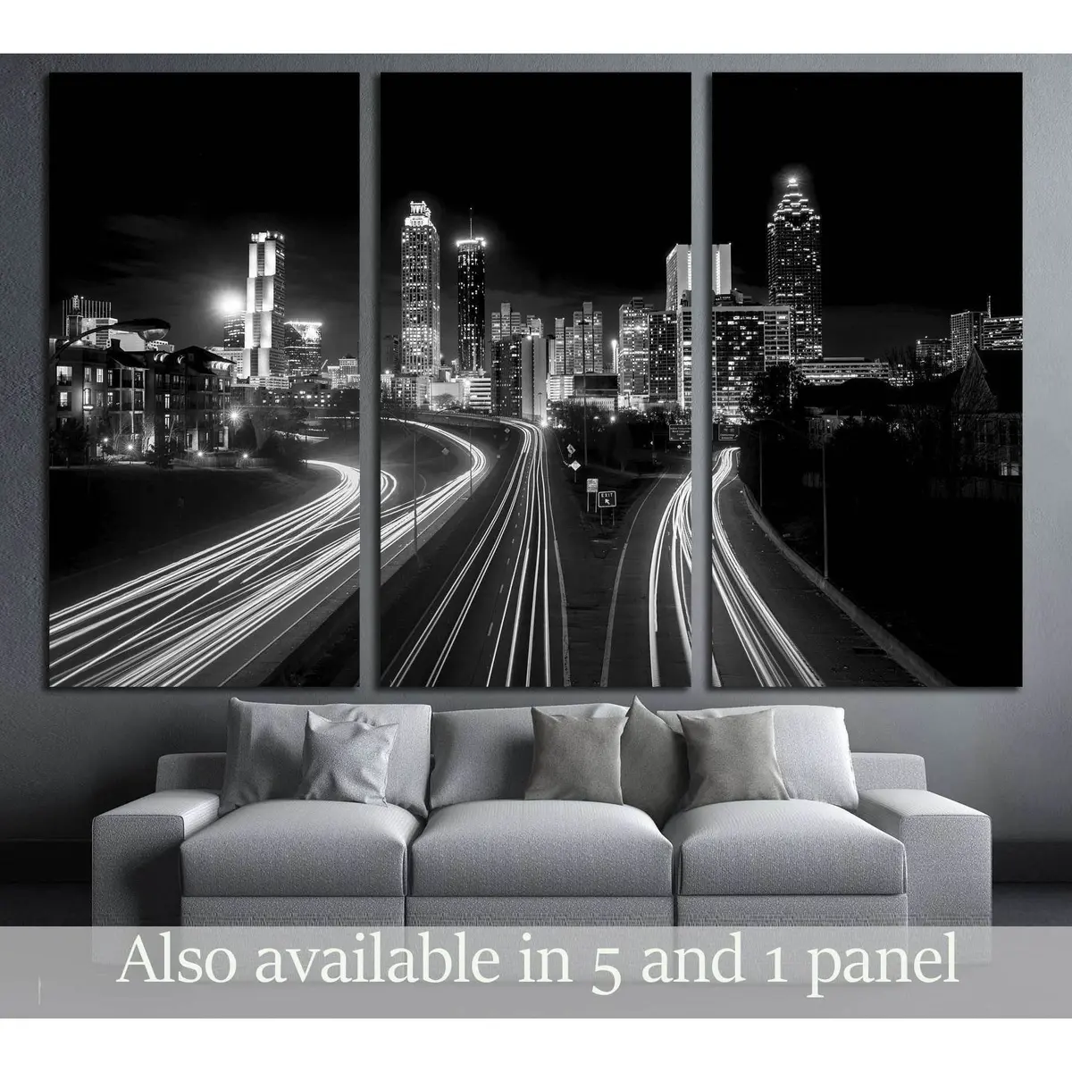 Atlanta Skyline At Night, High Contrast Black And White With Light Trails №2947 Ready To Hang Canvas Print 5