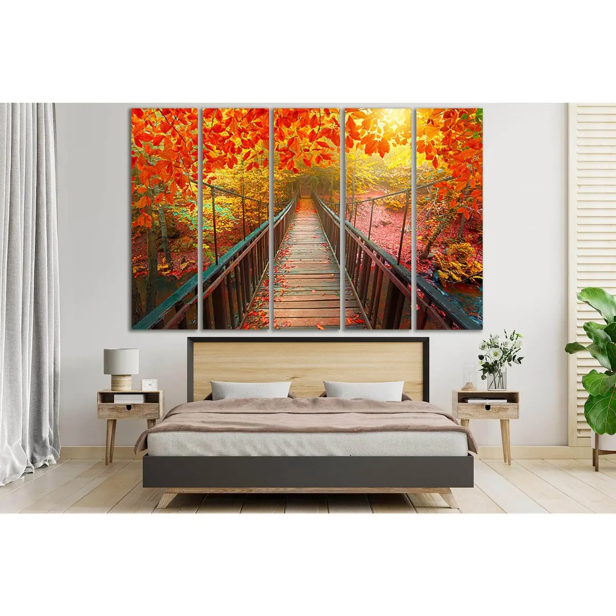 Premium Autumn Landscape Canvas Art Featuring a Rustic Wooden Bridge – SL616 Ready-to-Hang Wall Decor