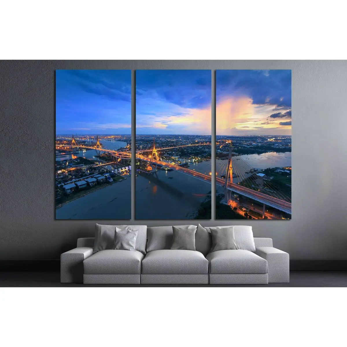 Bangkok City - Beautiful Sunset View Of Bhumibol Bridge In Bangkok №2963 Ready To Hang Canvas Print 5
