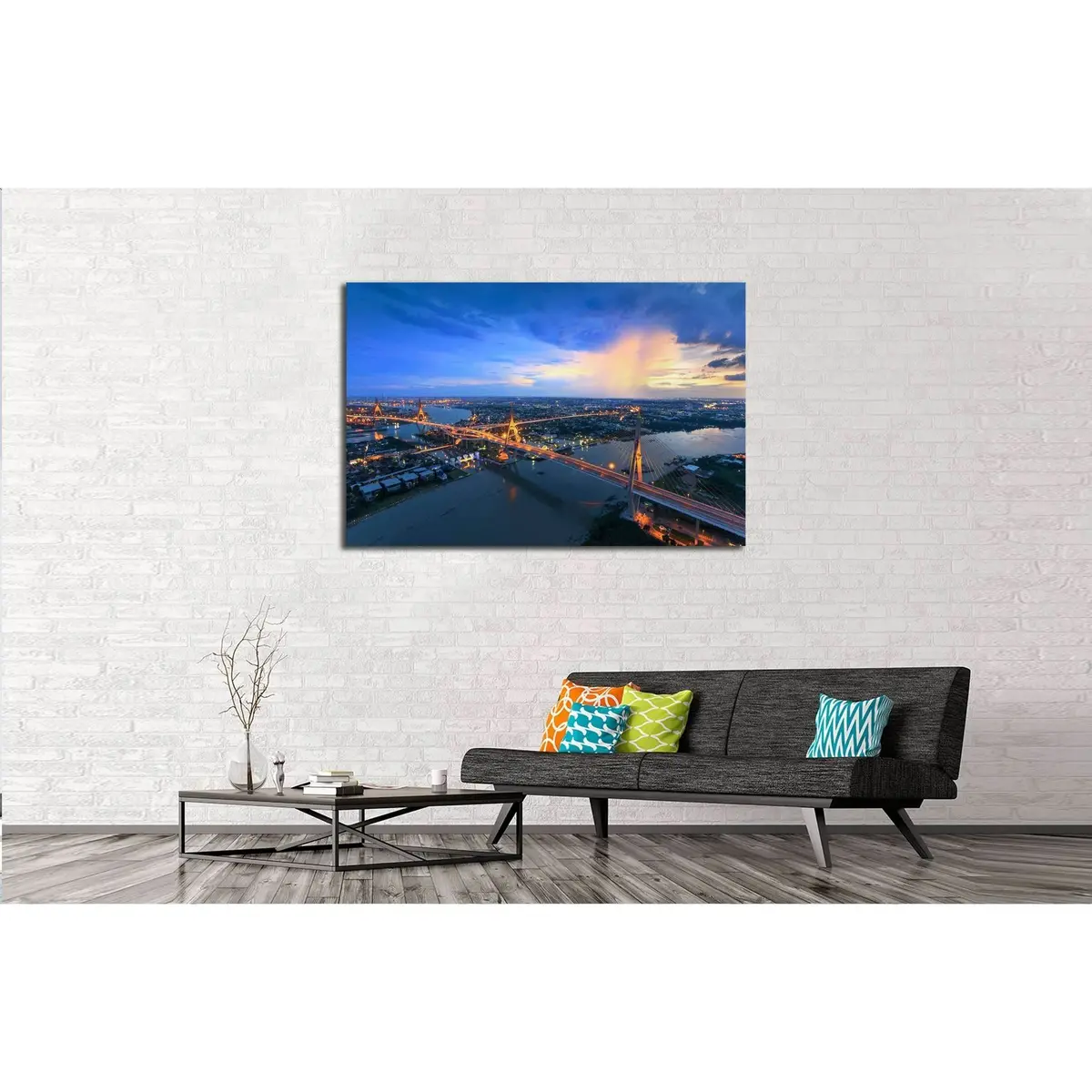 Bangkok City - Beautiful Sunset View Of Bhumibol Bridge In Bangkok №2963 Ready To Hang Canvas Print 3