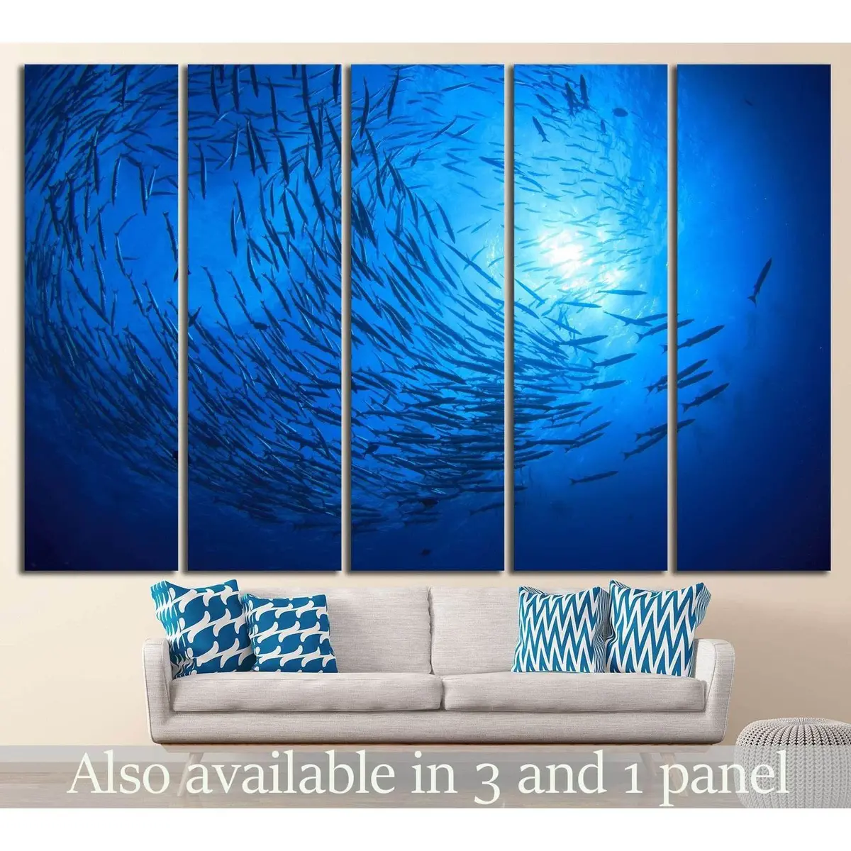 Barracuda Underwater Scene with Scuba Divers – Ready-to-Hang Canvas Wall Art #842