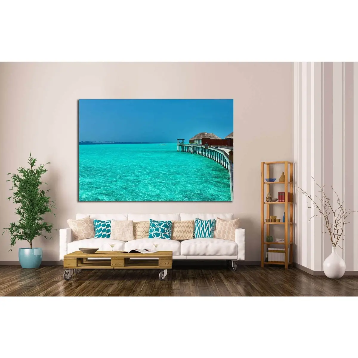 Beautiful Beach With Water Bungalows At Maldives №1817 Ready To Hang Canvas Print 3