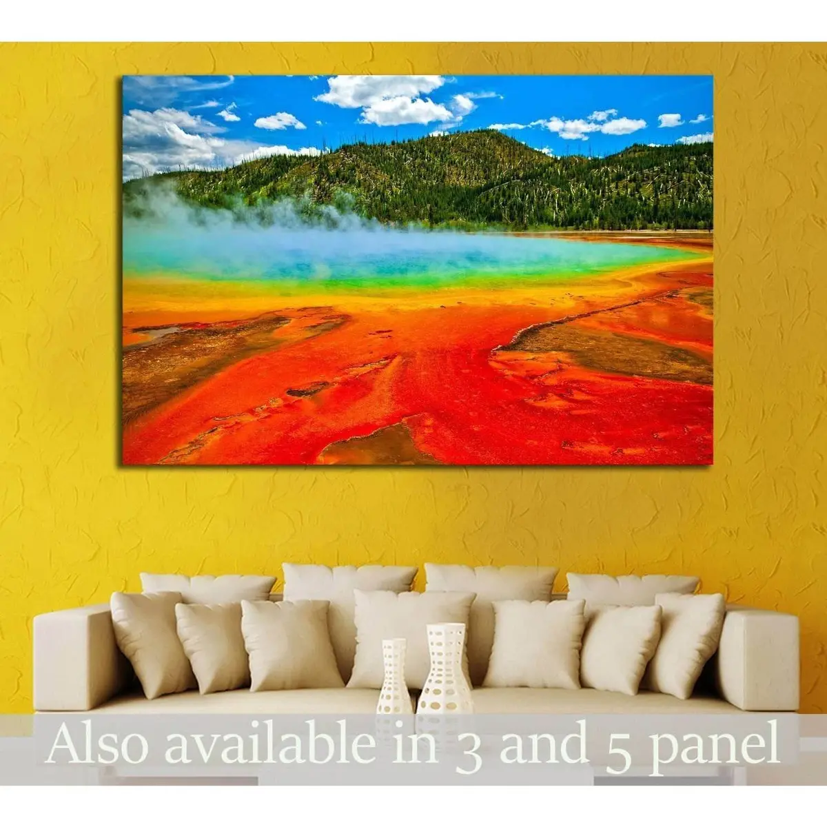 Beautiful Cerulean Geyser Surrounded By Colorful Layers Of Bacteria, Against Cloudy Blue Sky №1960 Ready To Hang Canvas Print 1