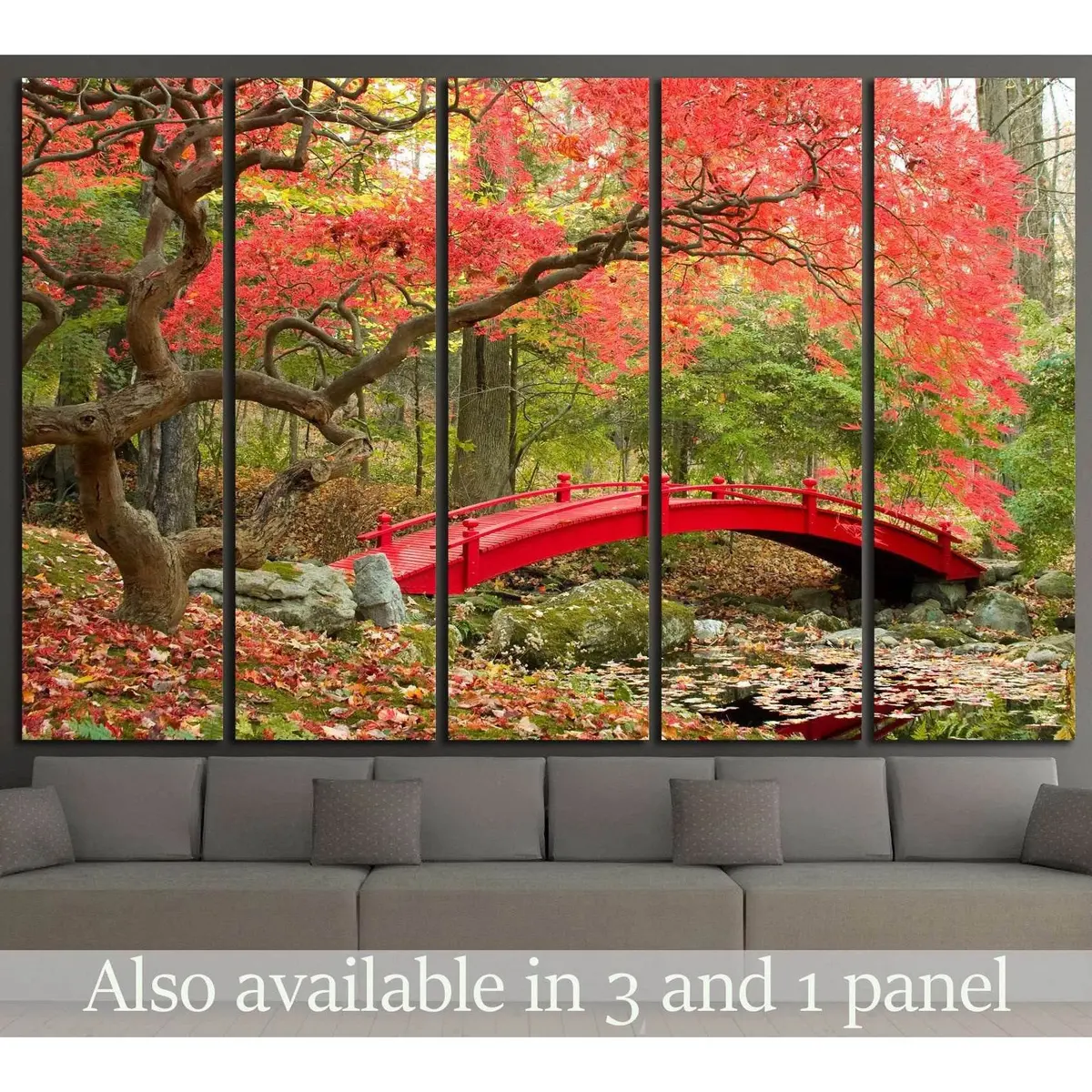 Serene Japanese Garden Featuring an Arched Red Bridge – Ready-to-Hang Canvas Wall Art #1444