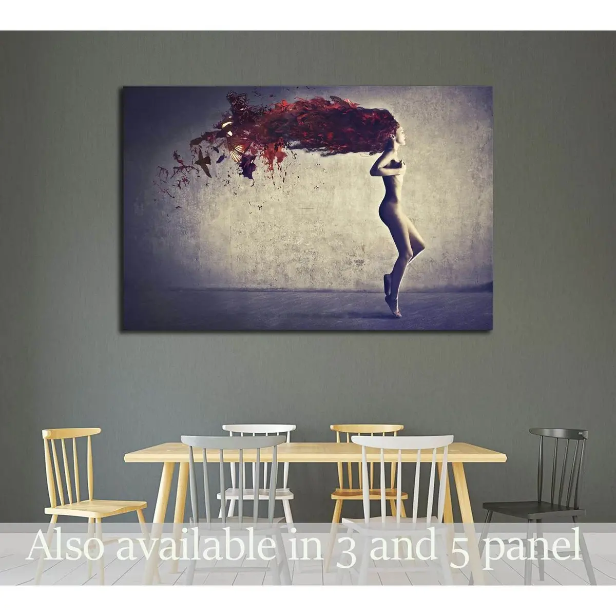 Beautiful Naked Young Woman With Her Hair Transforming In Bird Feathers №2772 Ready To Hang Canvas Print 1