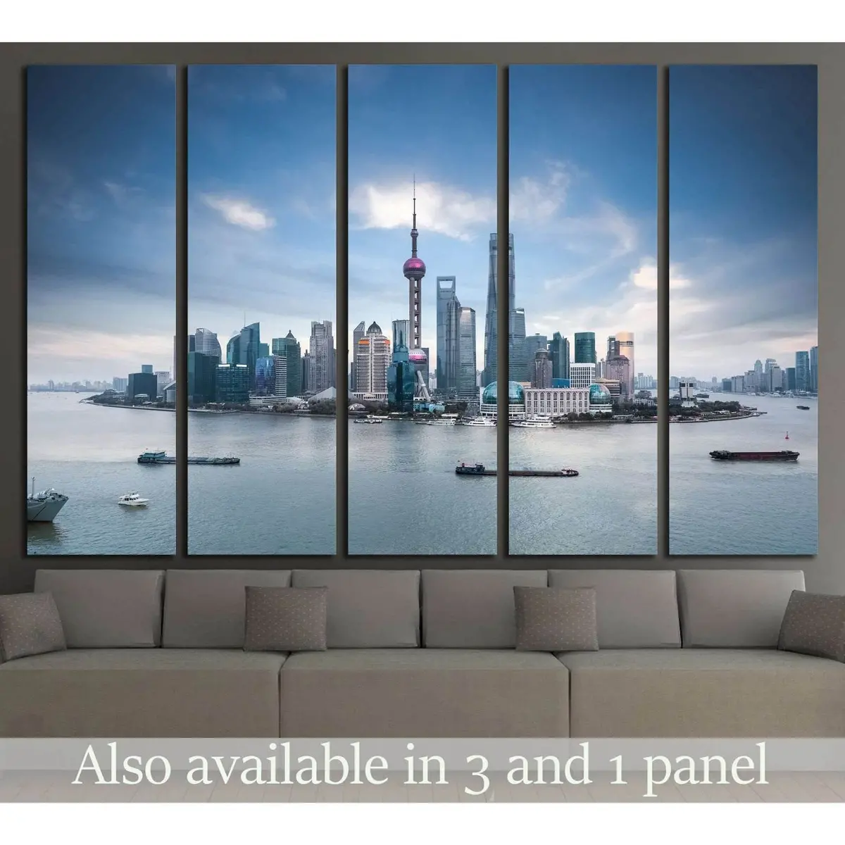 Stunning Shanghai Skyline Canvas Art Featuring the Huangpu River – Ready-to-Hang Wall Decor