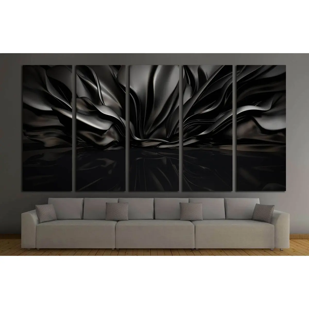 Contemporary Black Canvas Art: Floating Fabric with Realistic Floor Reflection - Image 3
