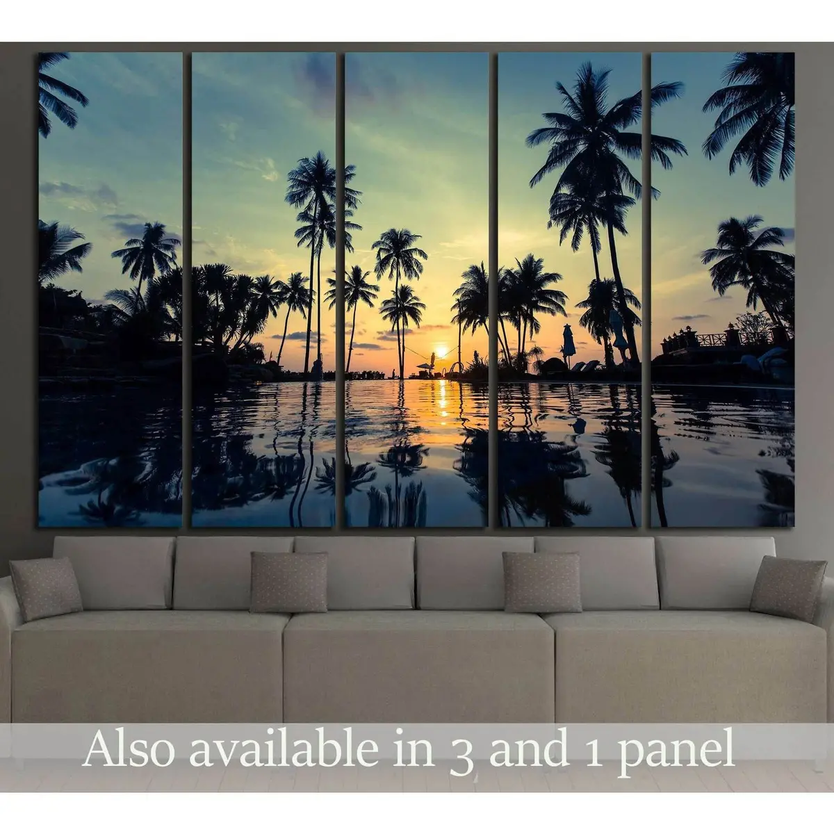 Tropical Beach Sunset Canvas Art Featuring Palm Trees and Serene Water Reflection — Ready-to-Hang Wall Decor #3106