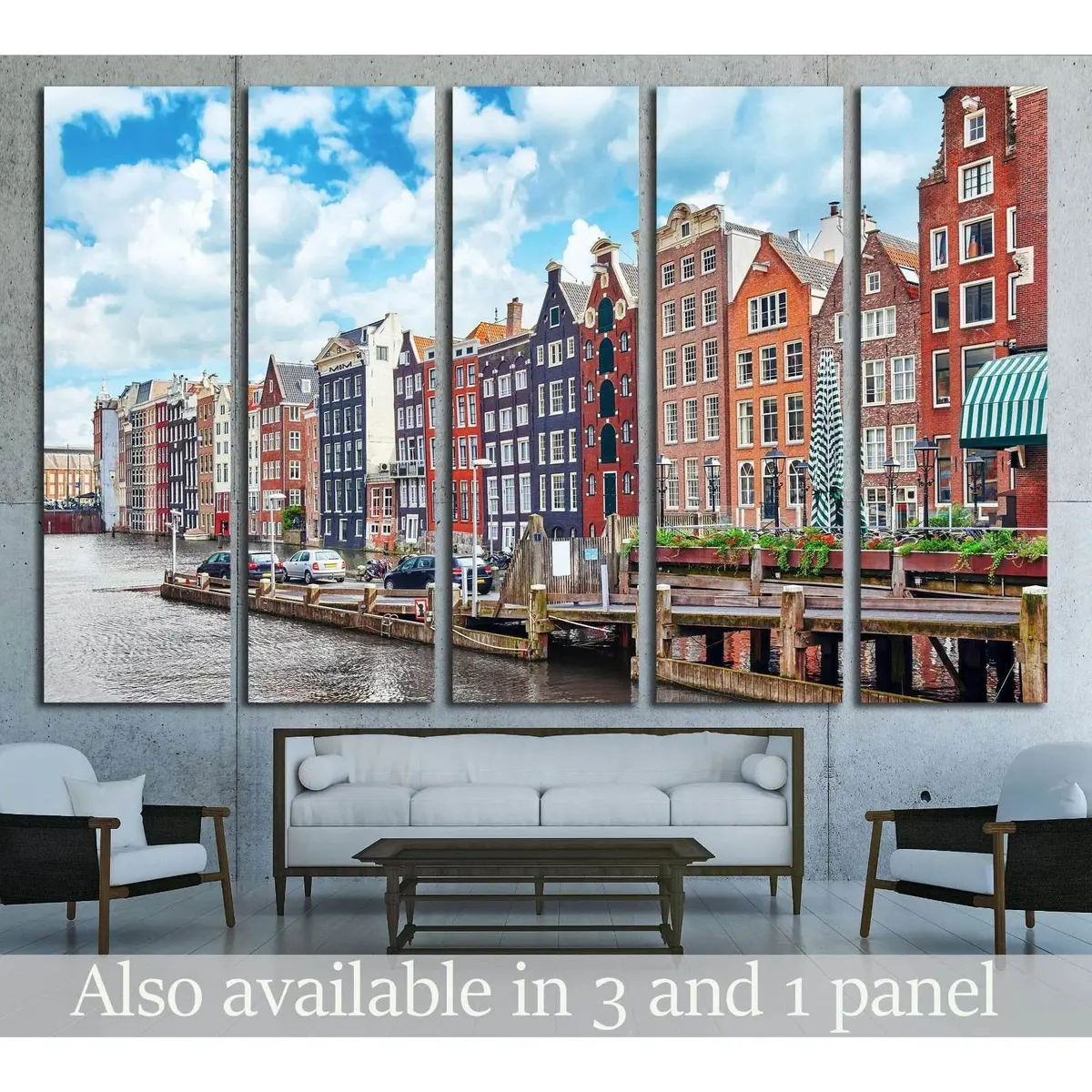 Stunning Amsterdam canvas print featuring iconic canals, centuries-old buildings, lively street scenes, and picturesque embankments—celebrated as the 'Venice of the North.' Ready-to-hang wall art, edition #2303.