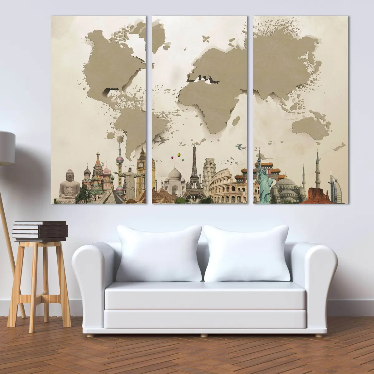 Beige 3D Effect World Map Ready To Hang Canvas Print №702 5