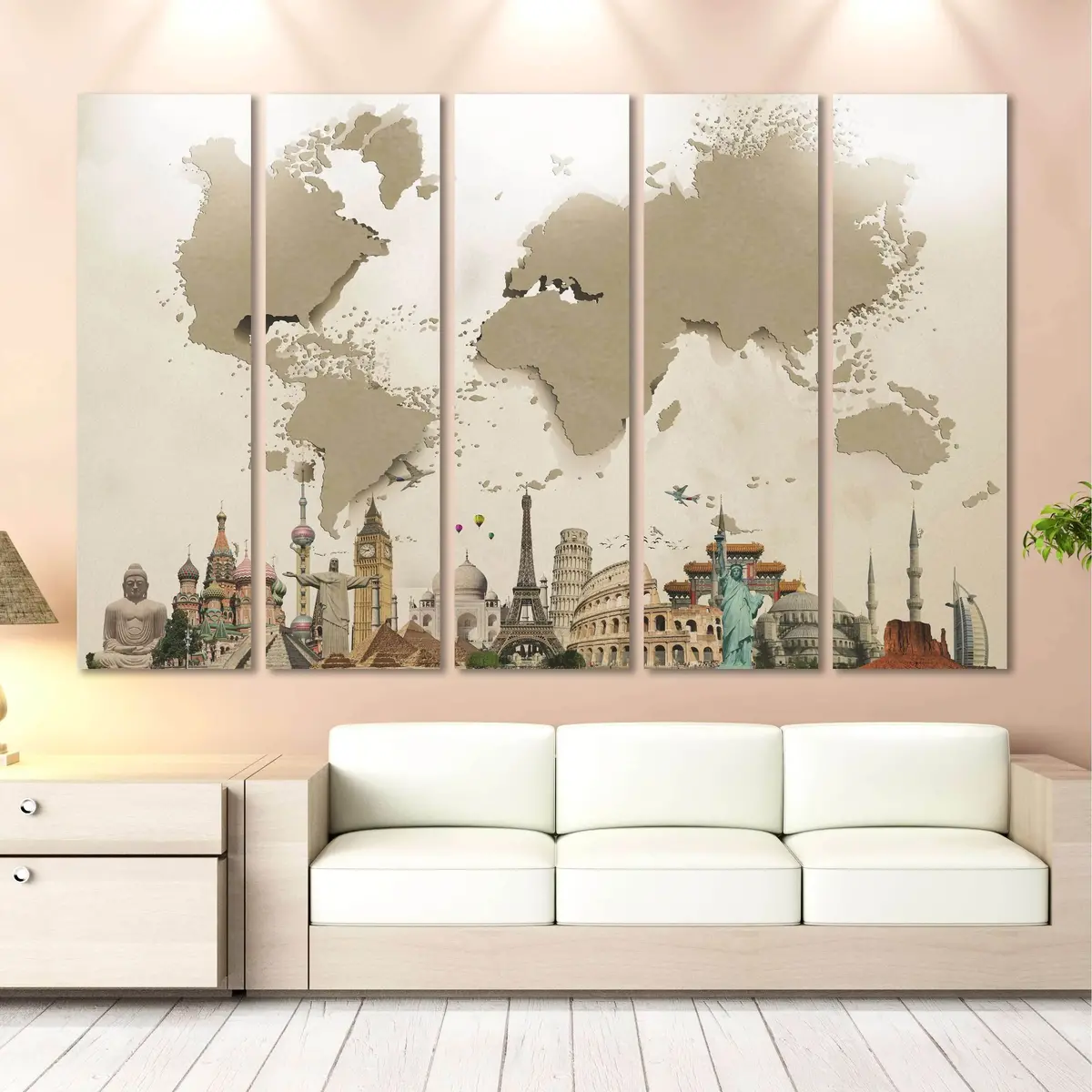 Beige 3D World Map Canvas Art Print – Ready to Hang, No Frame Required