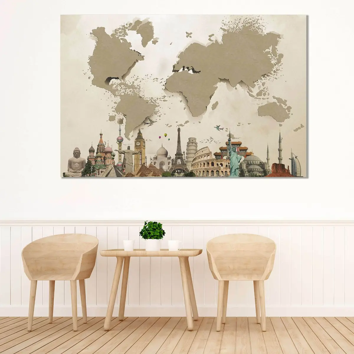 Beige 3D Effect World Map Ready To Hang Canvas Print №702 3