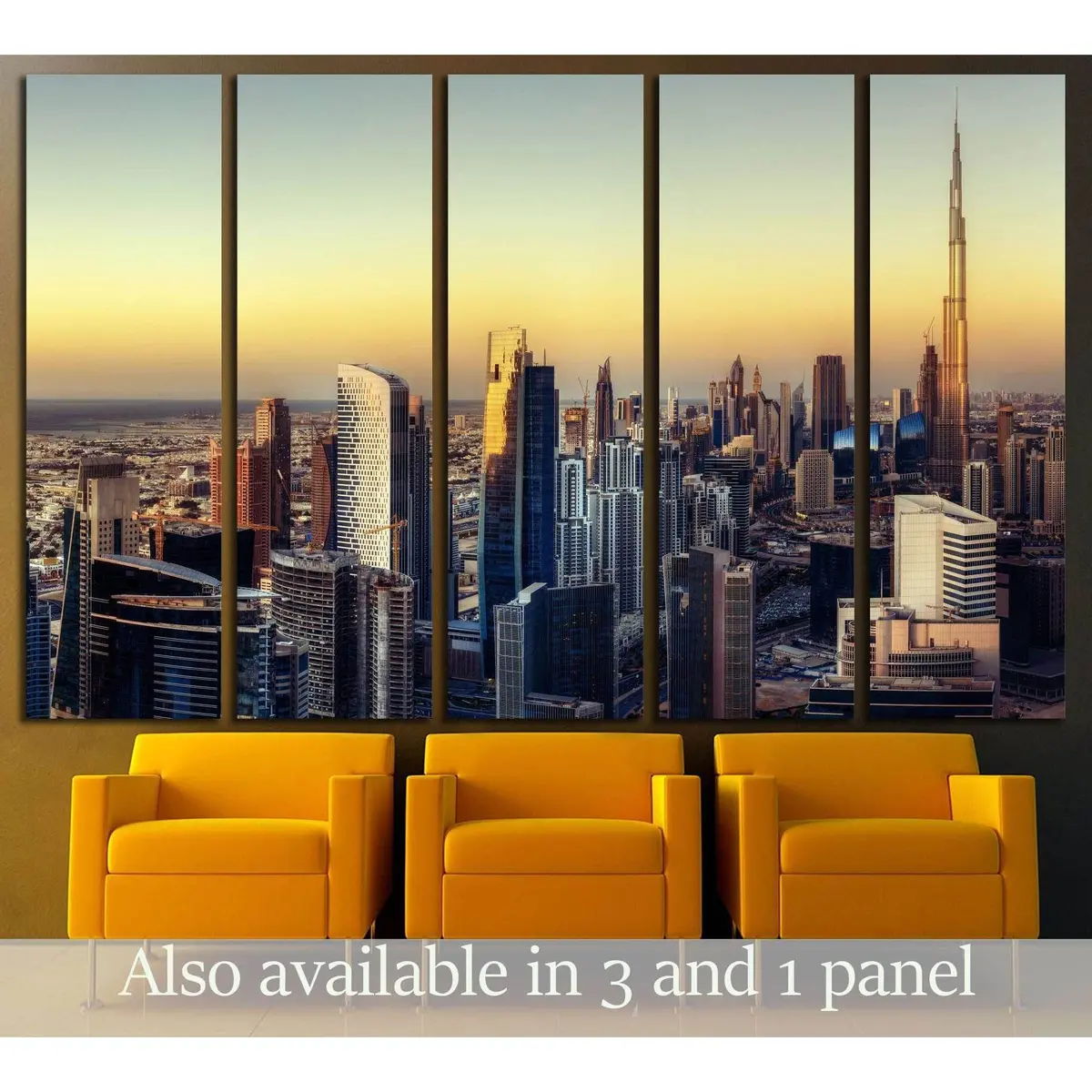 Stunning Dubai cityscape canvas print featuring a vivid sunset, showcasing the iconic futuristic skyline — ready-to-hang wall art