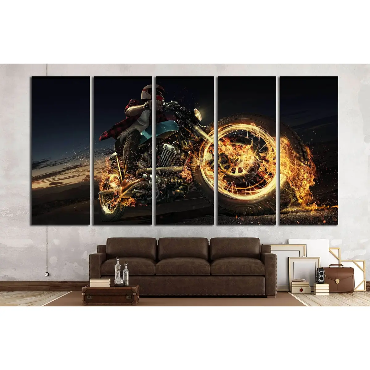Nighttime Biker on Motorcycle Art Print – Dynamic Fire & Energy Theme, Ready-to-Hang Canvas Wall Decor - Image 3