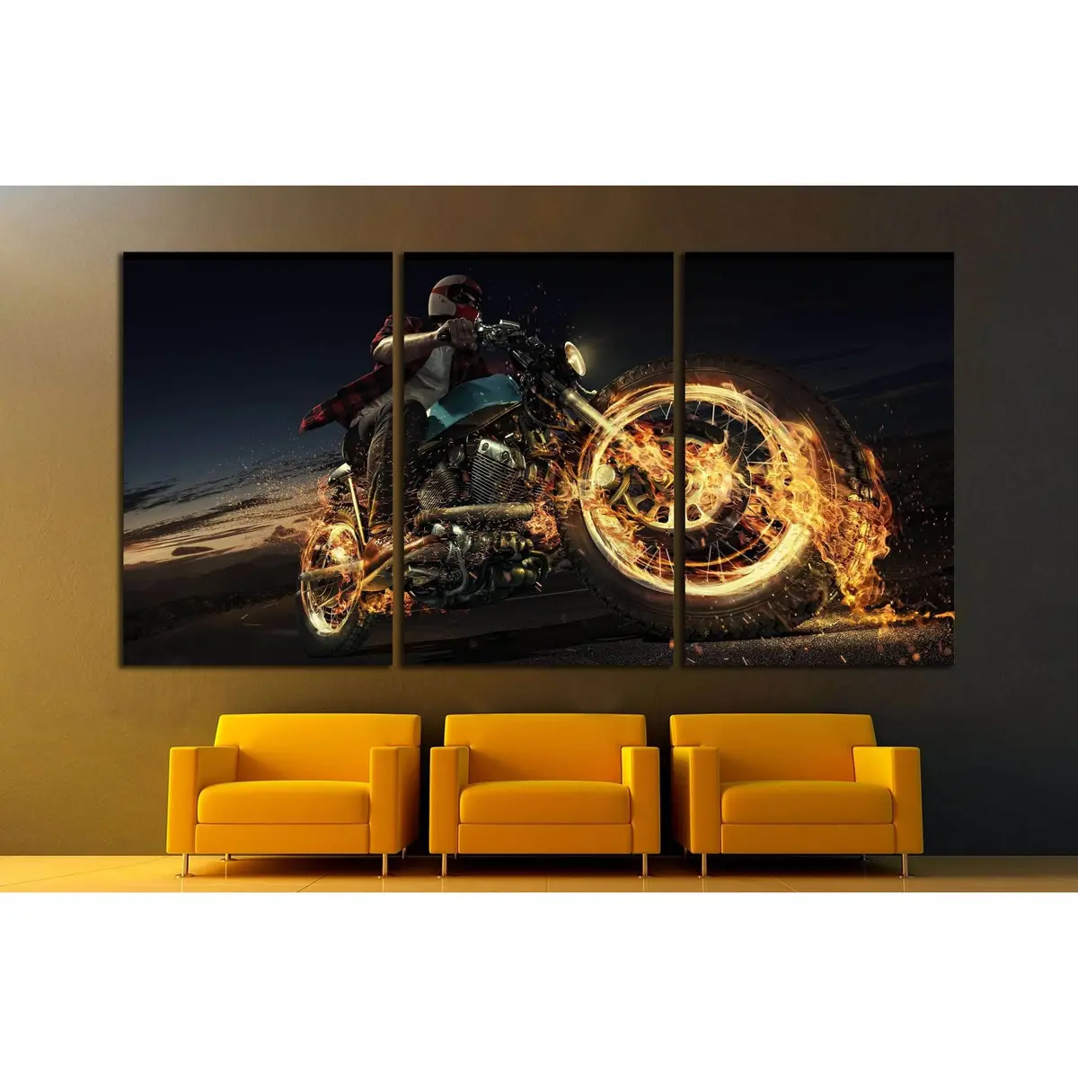 Biker Riding Motorcycle On An Empty Road At The Night. Fire And Energy №1879 Ready To Hang Canvas Print 5