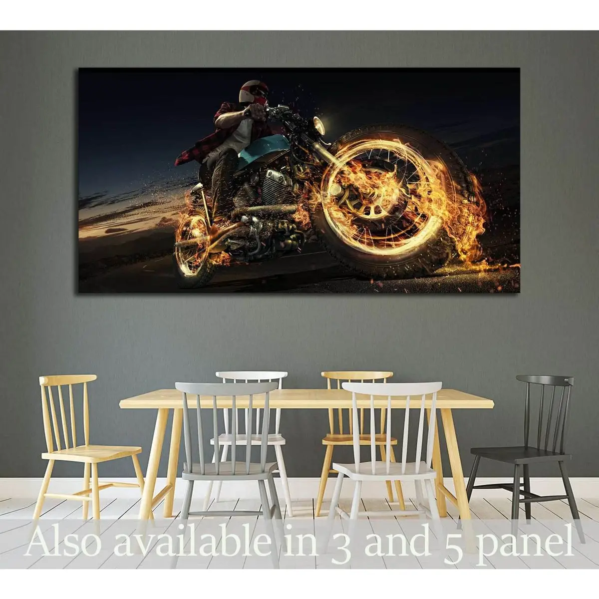 Biker Riding Motorcycle On An Empty Road At The Night. Fire And Energy №1879 Ready To Hang Canvas Print 1