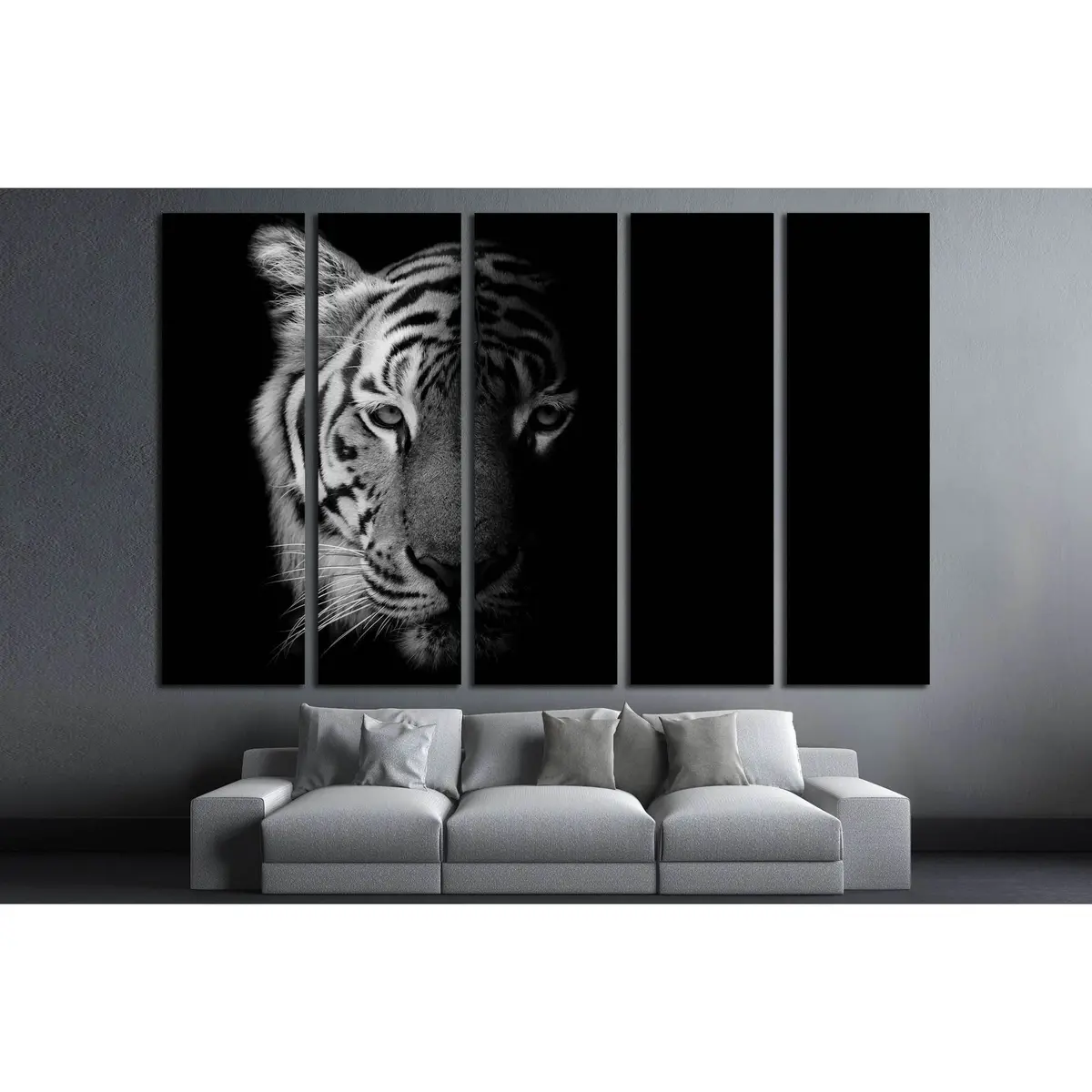 Monochrome Tiger Portrait Canvas Art on Black Background