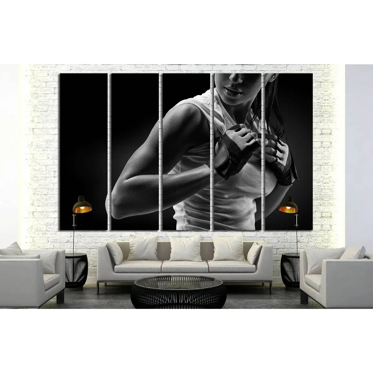 Monochrome Fitness Wall Art: Athletic Woman Highlighting Deltoid Muscle, Ready-to-Hang Canvas Print #1386 - Image 3
