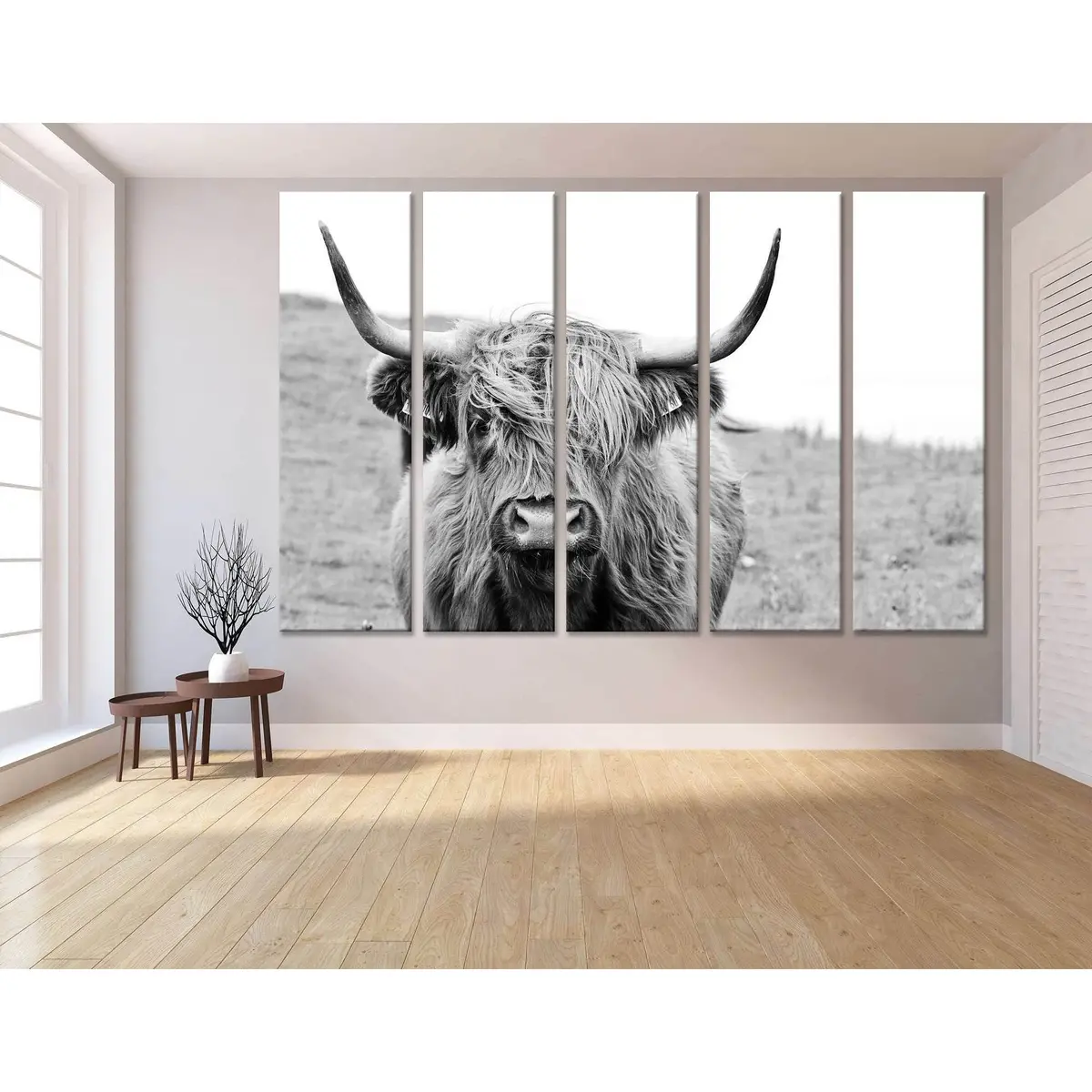 Monochrome Highland Cow Canvas Art Print №04124 – Pre-Hung Wall Decor - Image 3