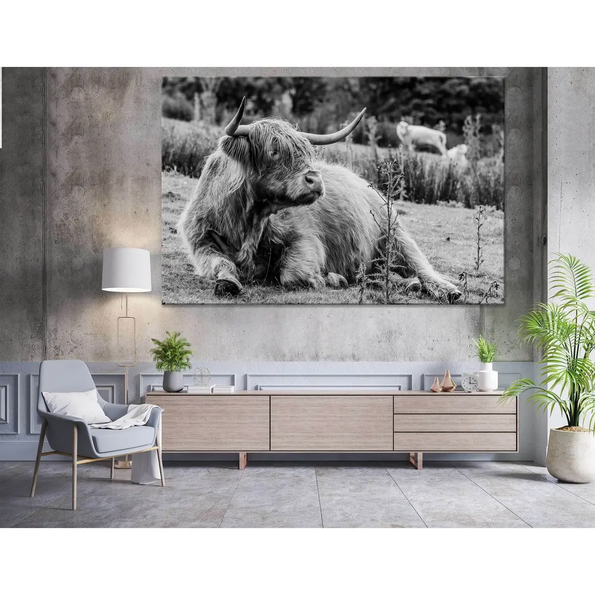 Black & White Highland Cow №04130 Ready To Hang Canvas Print 1