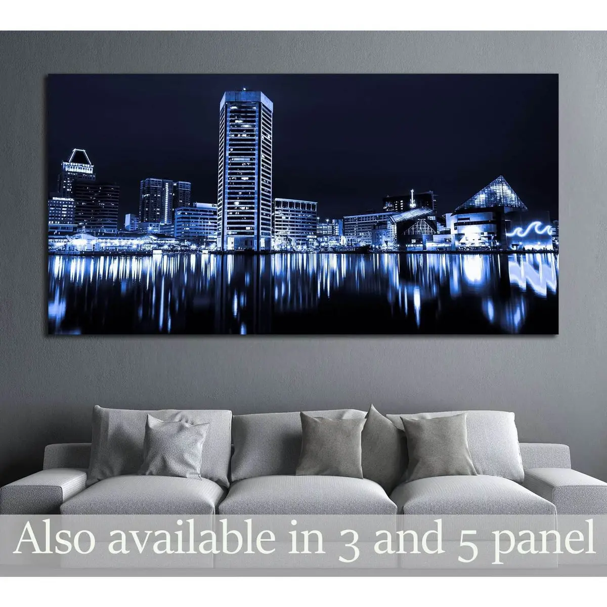 Black And White Image Of The Baltimore Inner Harbor Skyline At Night №2151 Ready To Hang Canvas Print 1