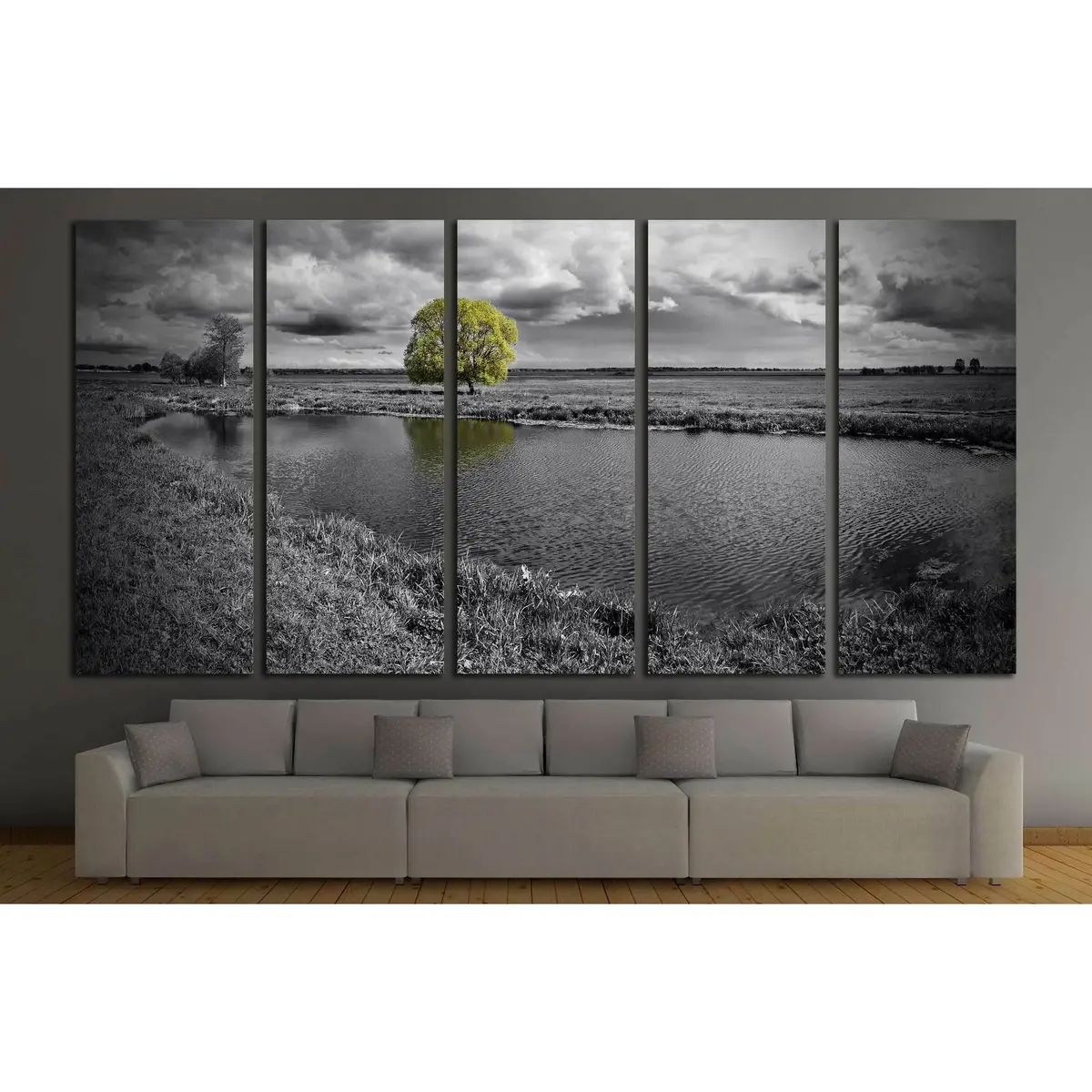 Black and White Nature Canvas Art – Minimalist Green Tree Landscape Print #2676 - Image 3