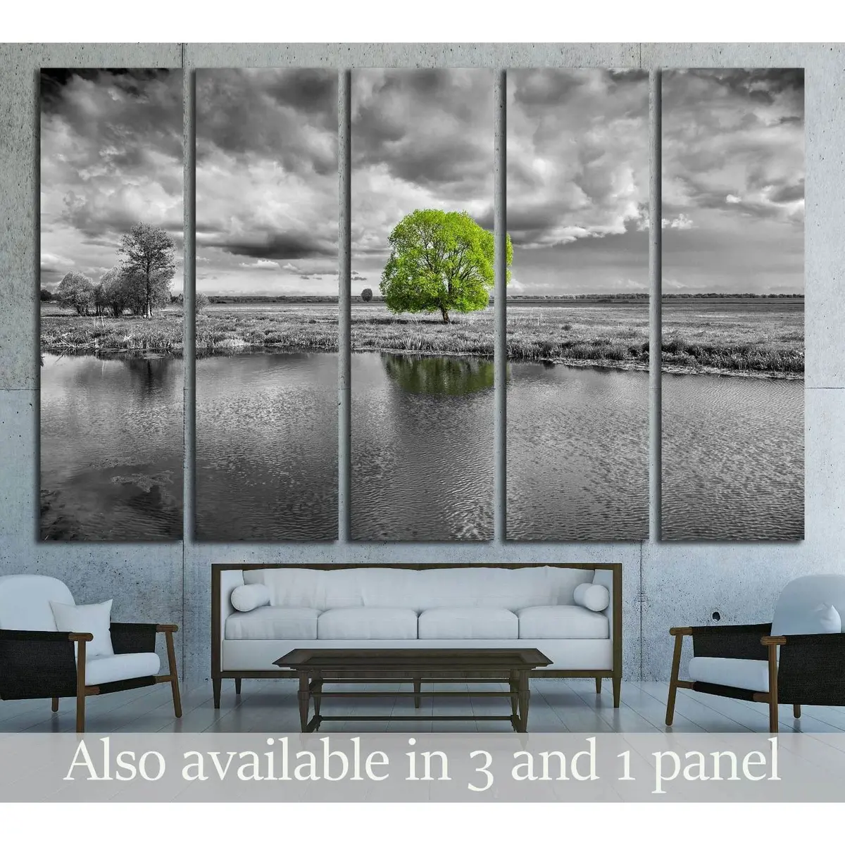 Monochrome Landscape Canvas Art Featuring a Lush Green Tree – Ready-to-Hang Wall Decor #2678