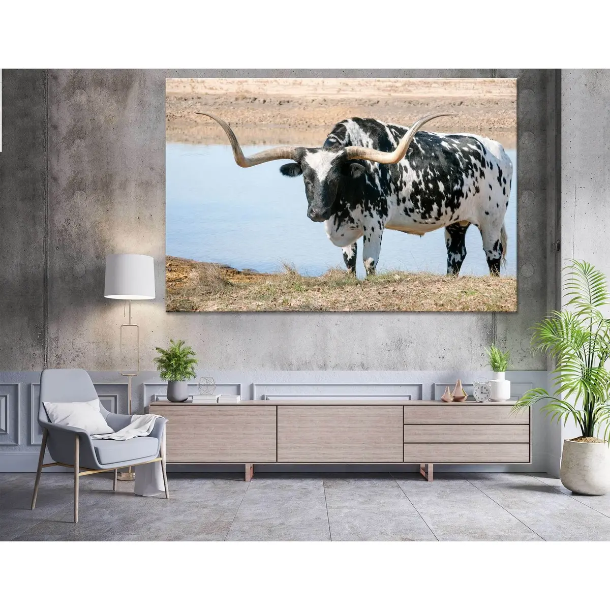 Black And White Longhorn Steer №04135 Ready To Hang Canvas Print 1