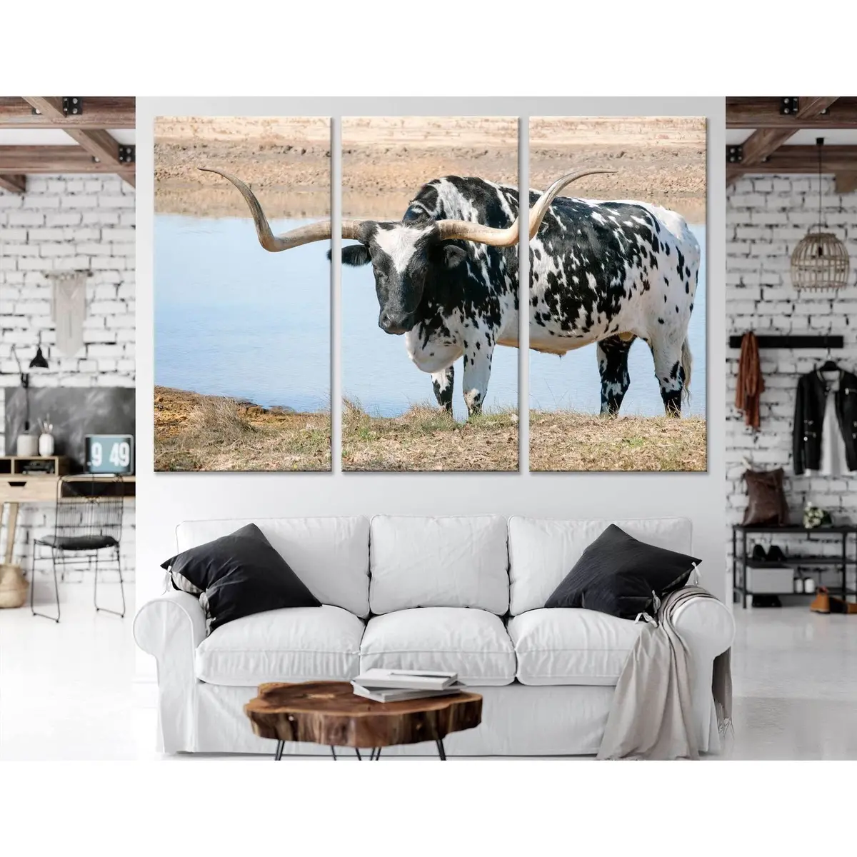 Black And White Longhorn Steer №04135 Ready To Hang Canvas Print 5