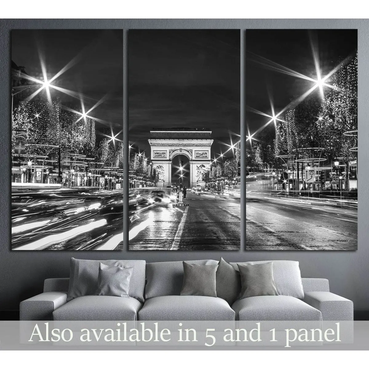 Black And White Paris Evening Traffic On Champs-Elysees In Front Of Arc De Triomphe №2650 Ready To Hang Canvas Print 5