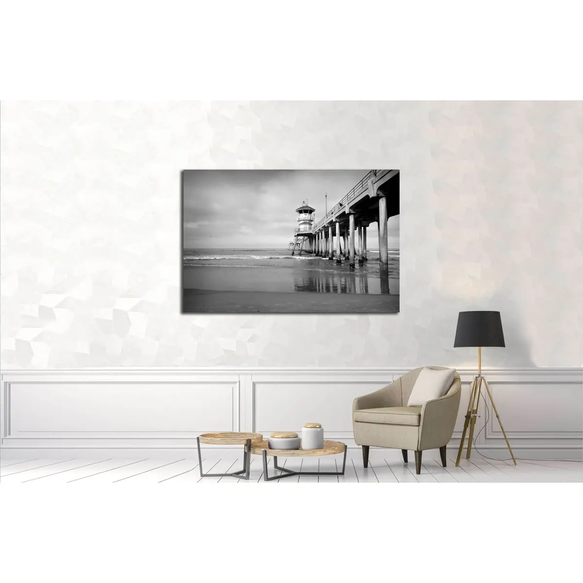 Black And White Photo Of Ocean Pier With Small Waves №3209 Ready To Hang Canvas Print 3