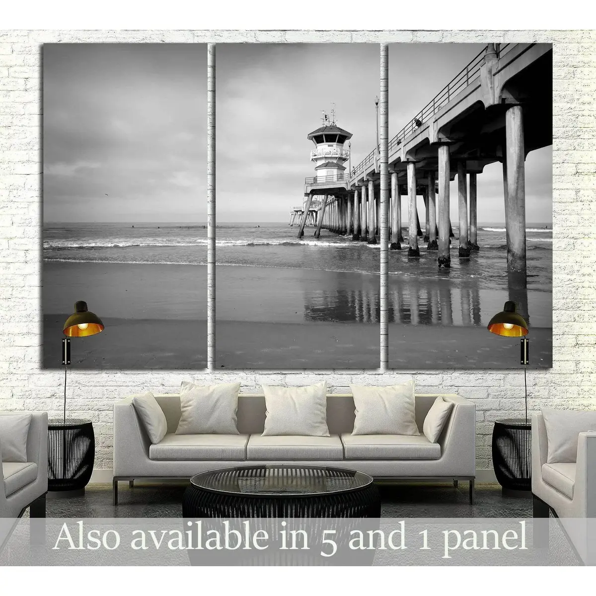 Black And White Photo Of Ocean Pier With Small Waves №3209 Ready To Hang Canvas Print 5