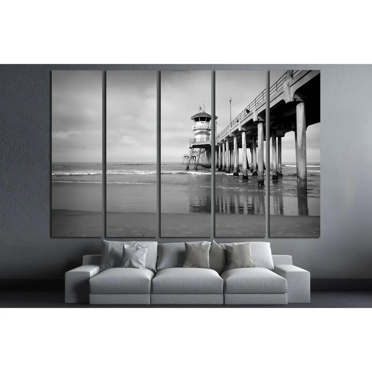 Monochrome Ocean Pier Canvas Art Featuring Gentle Waves – Ready-to-Hang Wall Decor #3209 - Image 3