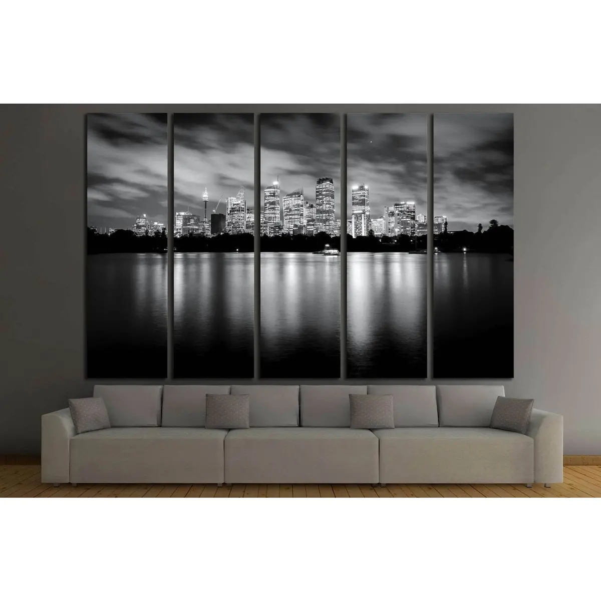 Monochrome Sydney Skyline Canvas Art – Night Photography Print #1756 - Image 3