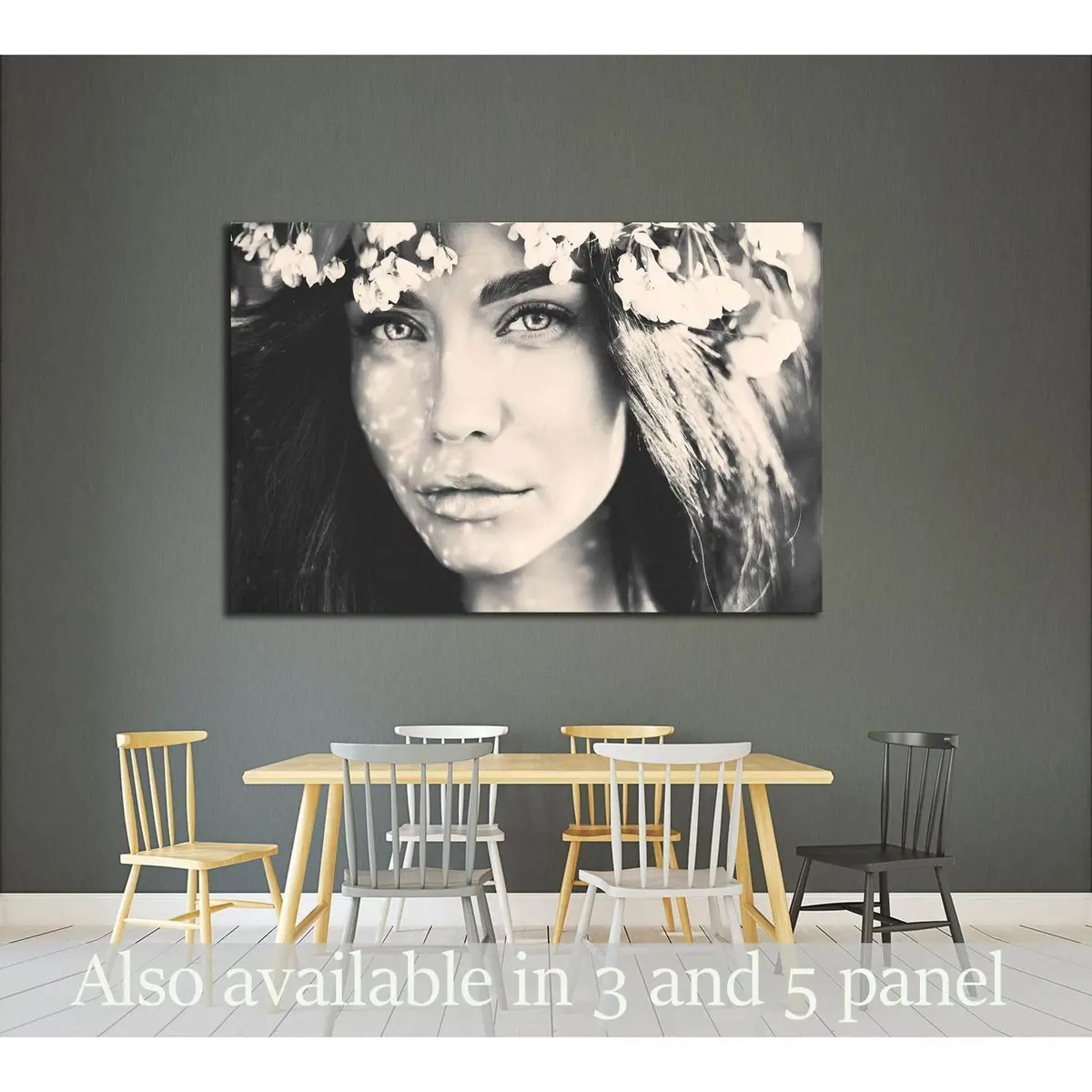 Black And White Portrait Of Beautiful Romantic Lady In A Wreath Of Apple Trees №2778 Ready To Hang Canvas Print 1
