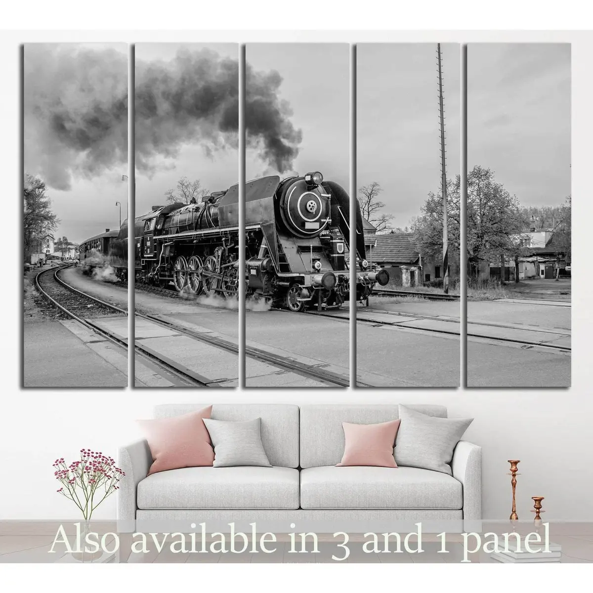 Vintage Black-and-White Train Canvas Wall Art Print #233