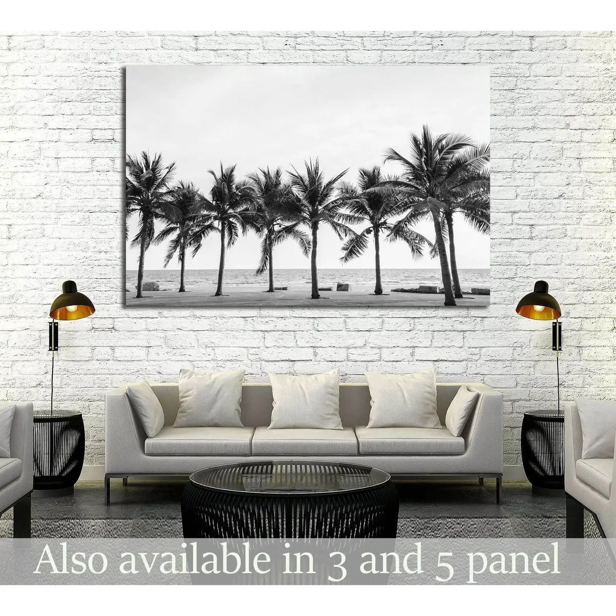 Black & White View Of Beautiful Beach With Palms, Thailand №2848 Ready To Hang Canvas Print 1