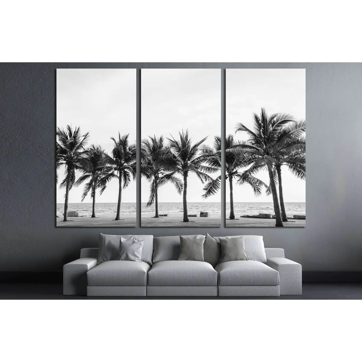 Black & White View Of Beautiful Beach With Palms, Thailand №2848 Ready To Hang Canvas Print 5