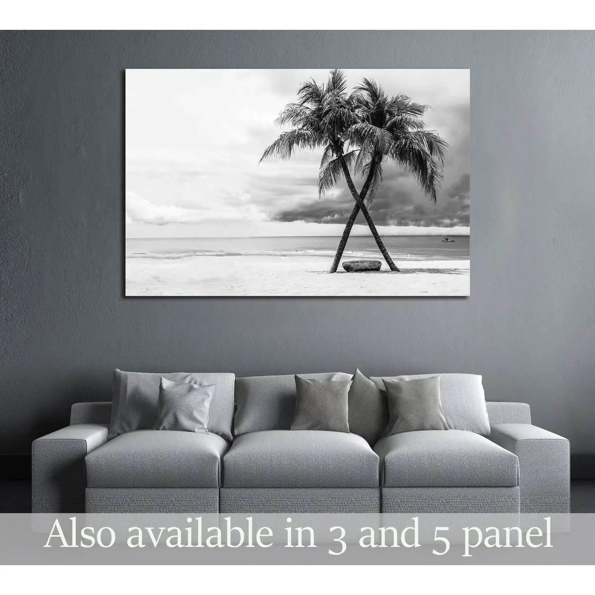 Black & White View Of Beautiful Beach With Palms, Thailand №2863 Ready To Hang Canvas Print 1