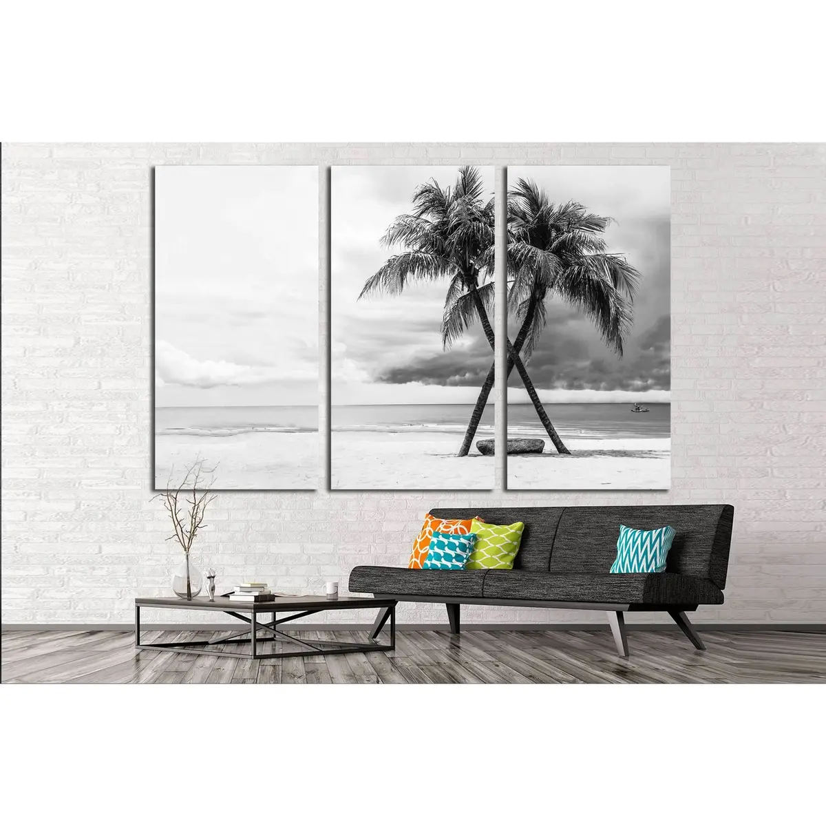 Black & White View Of Beautiful Beach With Palms, Thailand №2863 Ready To Hang Canvas Print 5