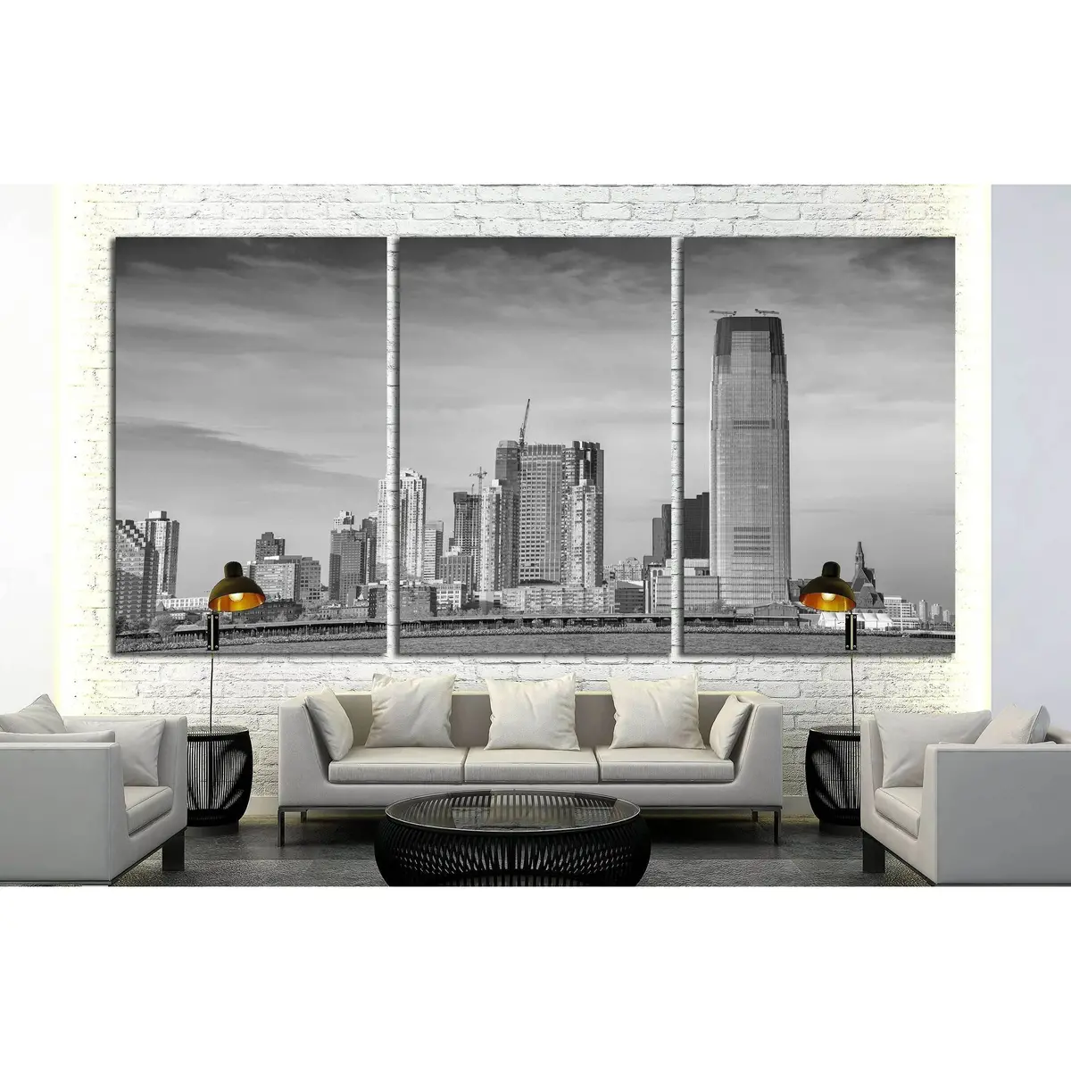 Black And White View Of Jersey City Skyline №1709 Ready To Hang Canvas Print 5