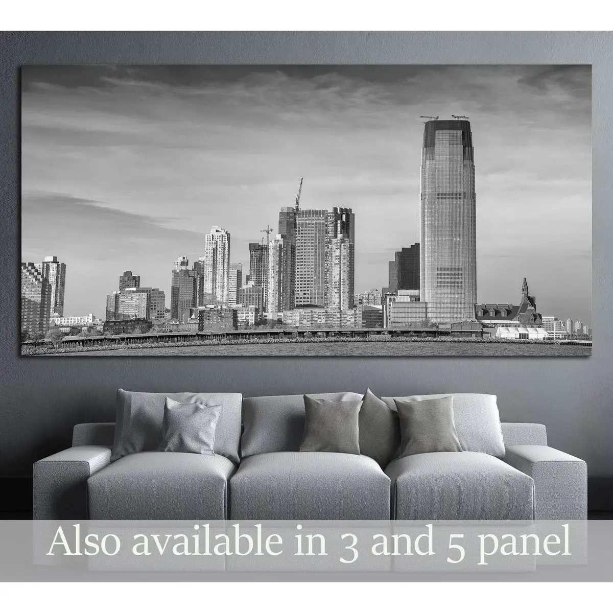 Black And White View Of Jersey City Skyline №1709 Ready To Hang Canvas Print 1