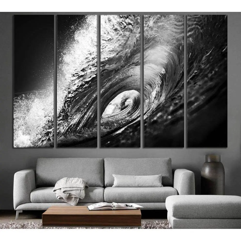 Black and White Ocean Wave Canvas Art Print #777 - Image 2