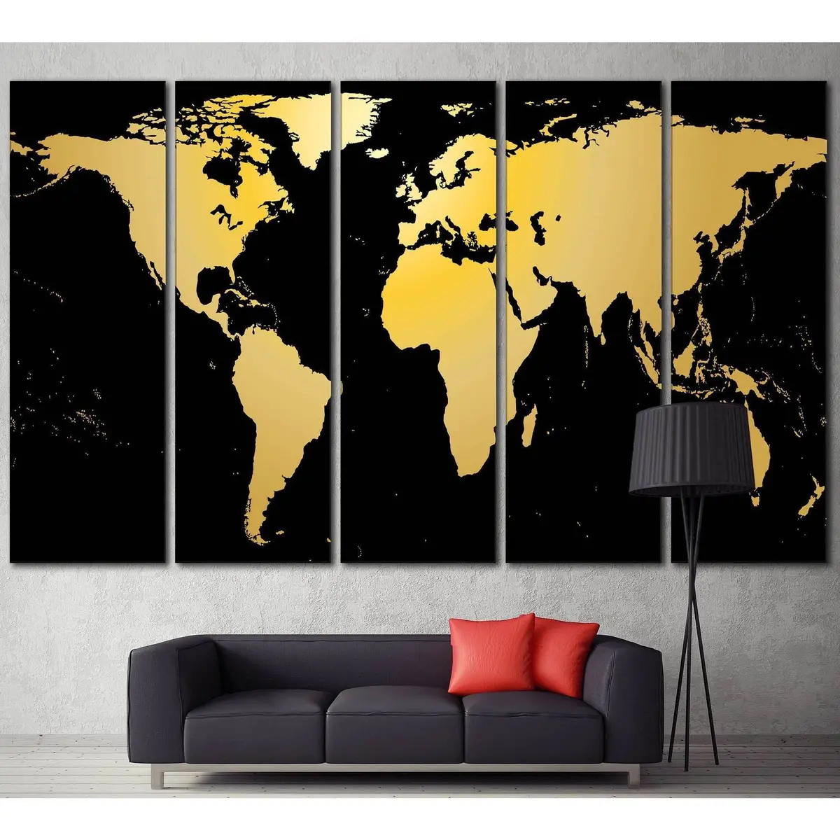 Black / Gold World Map №860 Ready To Hang Canvas Print 1