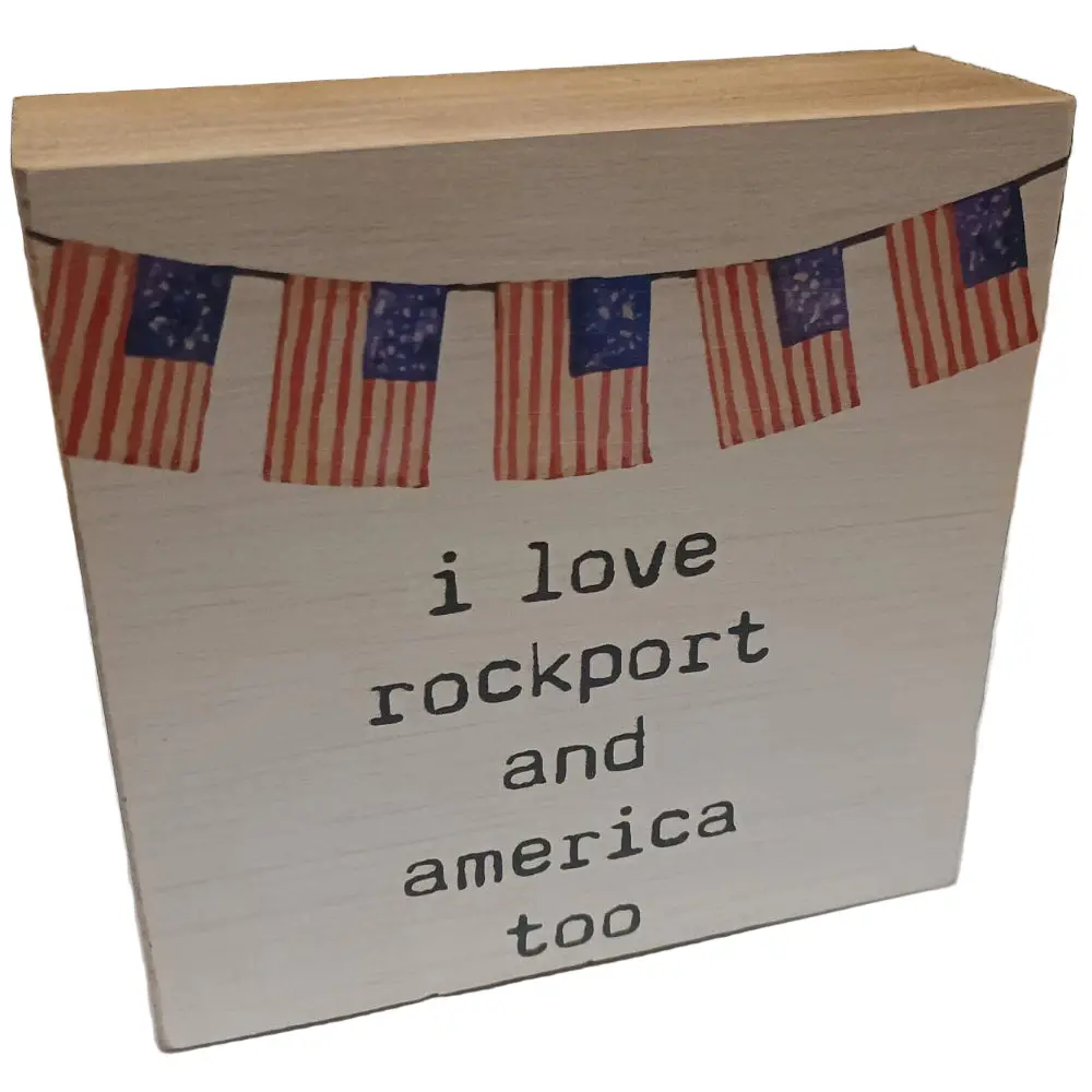Rustic Marlin "I Love Rockport & America Too" Wooden Block - 5.5" X 5.5" 1