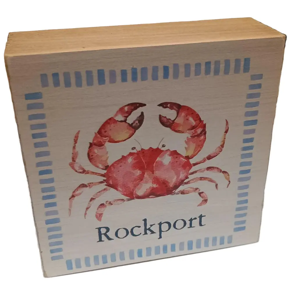 Rustic Marlin "Rockport" Pink Crab Wooden Block - 5.5" X 5.5" 1
