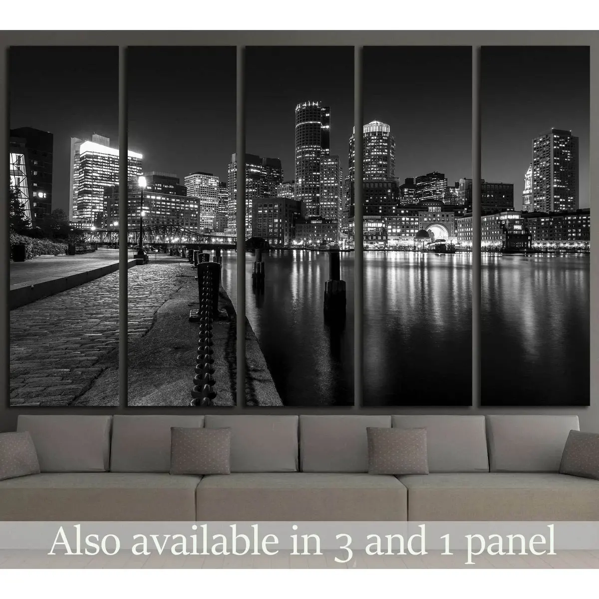 Stunning monochrome canvas print capturing Boston Harbor after dark — ready-to-hang wall art from Massachusetts, USA