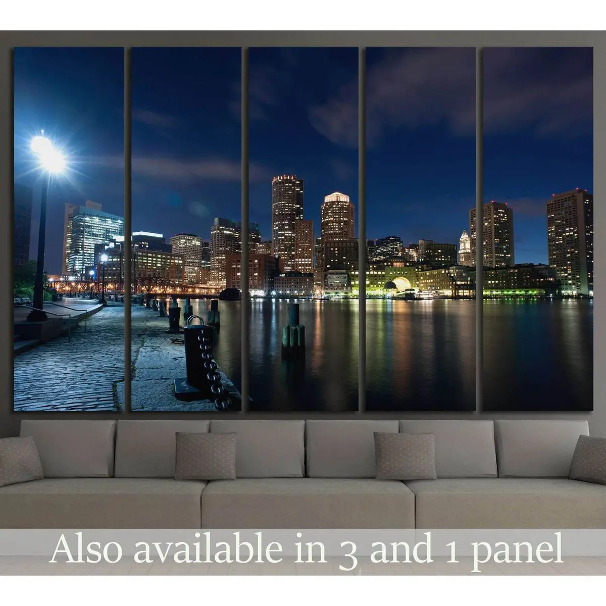 Boston Waterfront Night Scene Canvas Art Print #1140 – Ready to Hang