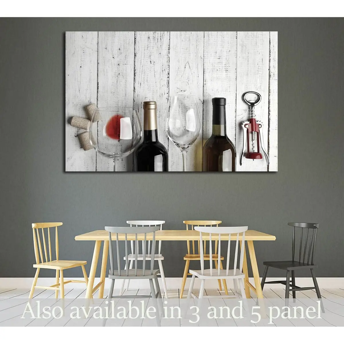 Bottles Of Wine, Glass And Corkscrew On Wooden Table №1919 Ready To Hang Canvas Print 1